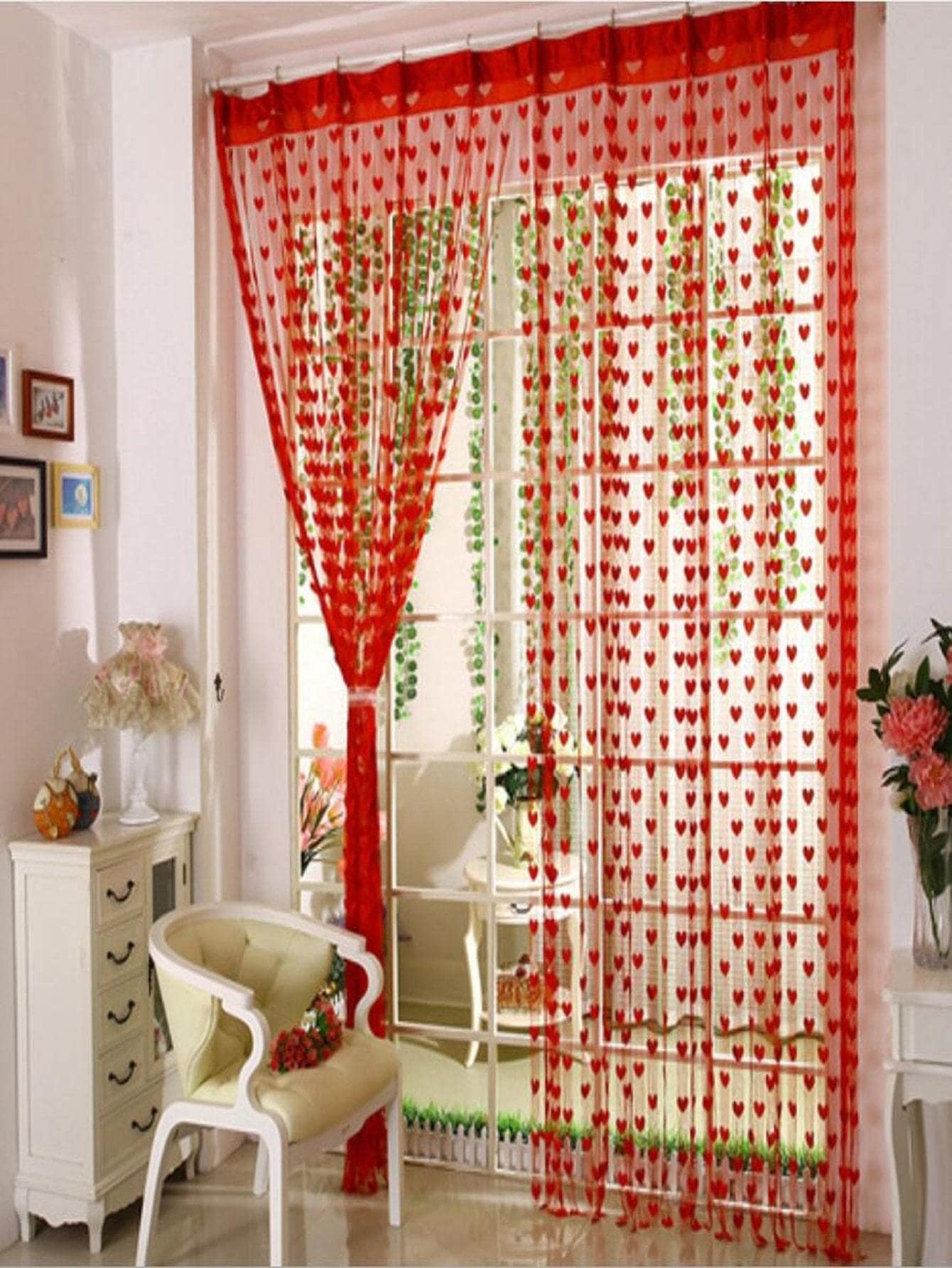 Thiết kế trái tim Rèm Sheer một bảng, Rèm Polyester hiện đại lọc ánh sáng riêng tư cho phòng khách và phòng ngủ - Đỏ - Xem 1