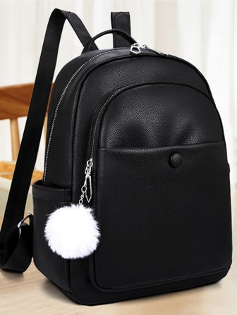 Litchi Embossed Classic Backpack Button Decor Black PU
