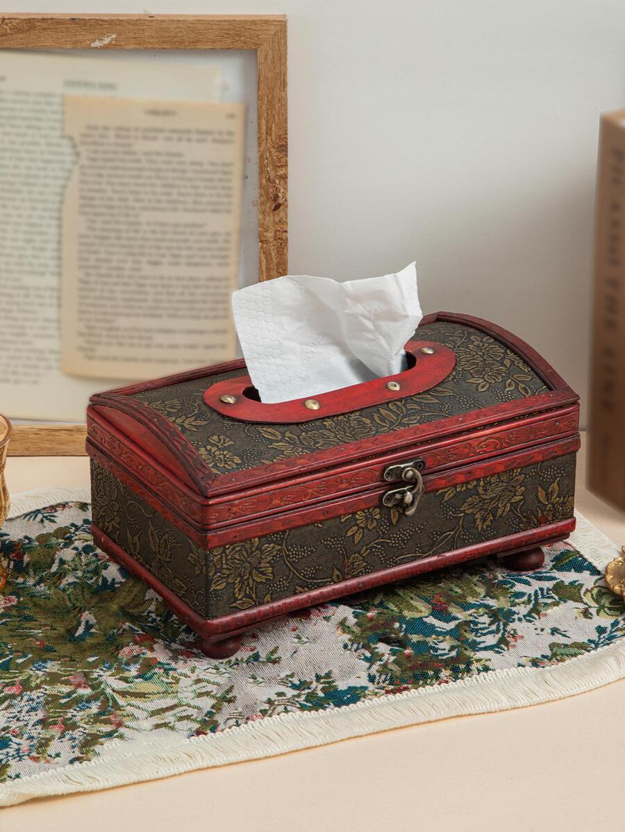 1pc Wooden Tissue Storage Box, Modern Flower Design Tissue Storage Box For Household - Bronze - View 1