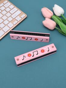 1入組木樂器,現代花&音符圖案圖案口琴適用於家庭 - 粉色 - 查看 2