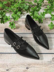 女士搭扣裝飾尖頭平底鞋,優雅黑色瑪麗珍平底鞋適用於戶外 - 黑色 - 查看 4