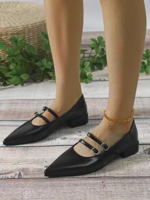 女士搭扣裝飾尖頭平底鞋,優雅黑色瑪麗珍平底鞋適用於戶外 - 黑色 - 查看 6
