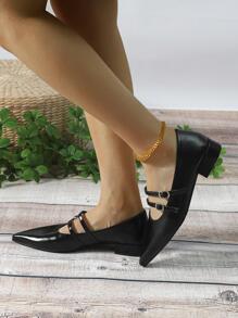 女士搭扣裝飾尖頭平底鞋,優雅黑色瑪麗珍平底鞋適用於戶外 - 黑色 - 查看 8