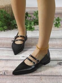 女士搭扣裝飾尖頭平底鞋,優雅黑色瑪麗珍平底鞋適用於戶外 - 黑色 - 查看 7