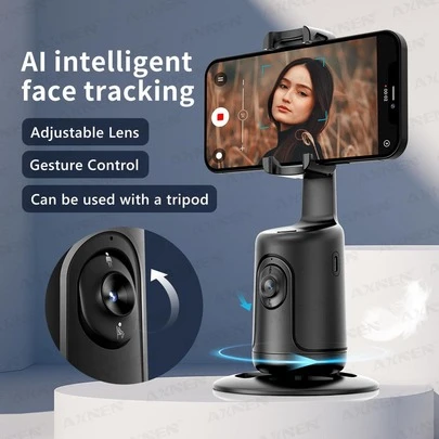 AXNEN 自动人脸追踪拍摄云台手机支架，配备广角传感器摄像头，内容创作套装，适用于自拍、Vlog、直播、视频通话等。（黑色）