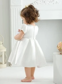 Baby Girl Solid Puff Sleeve Fold Pleated Party Dress - White - View 2