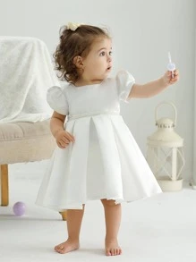 Baby Girl Solid Puff Sleeve Fold Pleated Party Dress - White - View 5