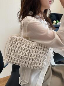 Túi đi biển đan móc Thiết kế dây rút rỗng Túi đeo vai nữ - Màu be - Xem 6