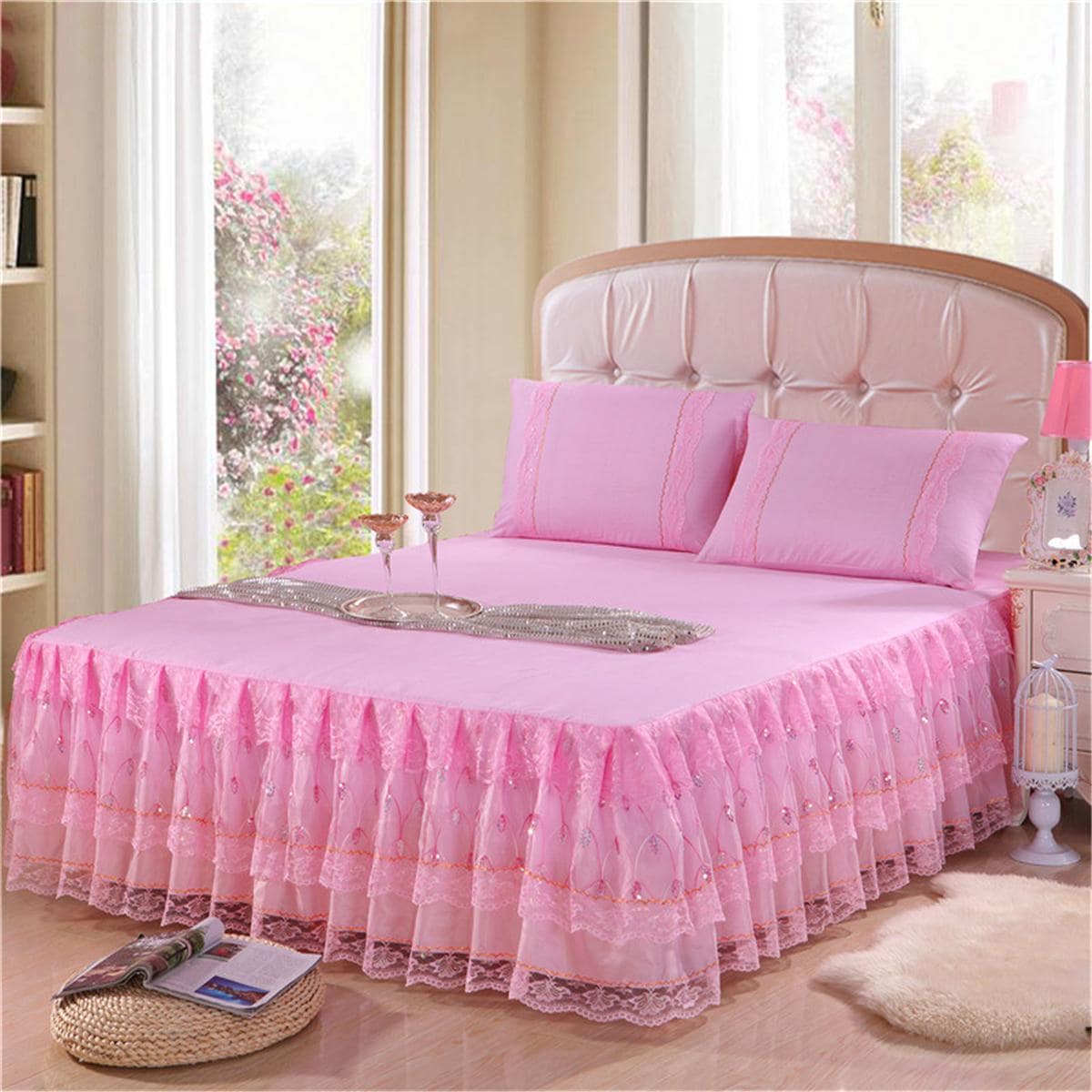 3入組亮片和蕾絲裝飾床單1入組床裙和2入組枕頭現代織物床單套裝適用於臥室 - 粉色 - 查看 1