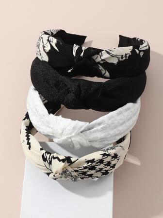 4 件装女士简约黑白条纹印花发箍，适合日常、假日和派对佩戴，女士发箍发带，发饰