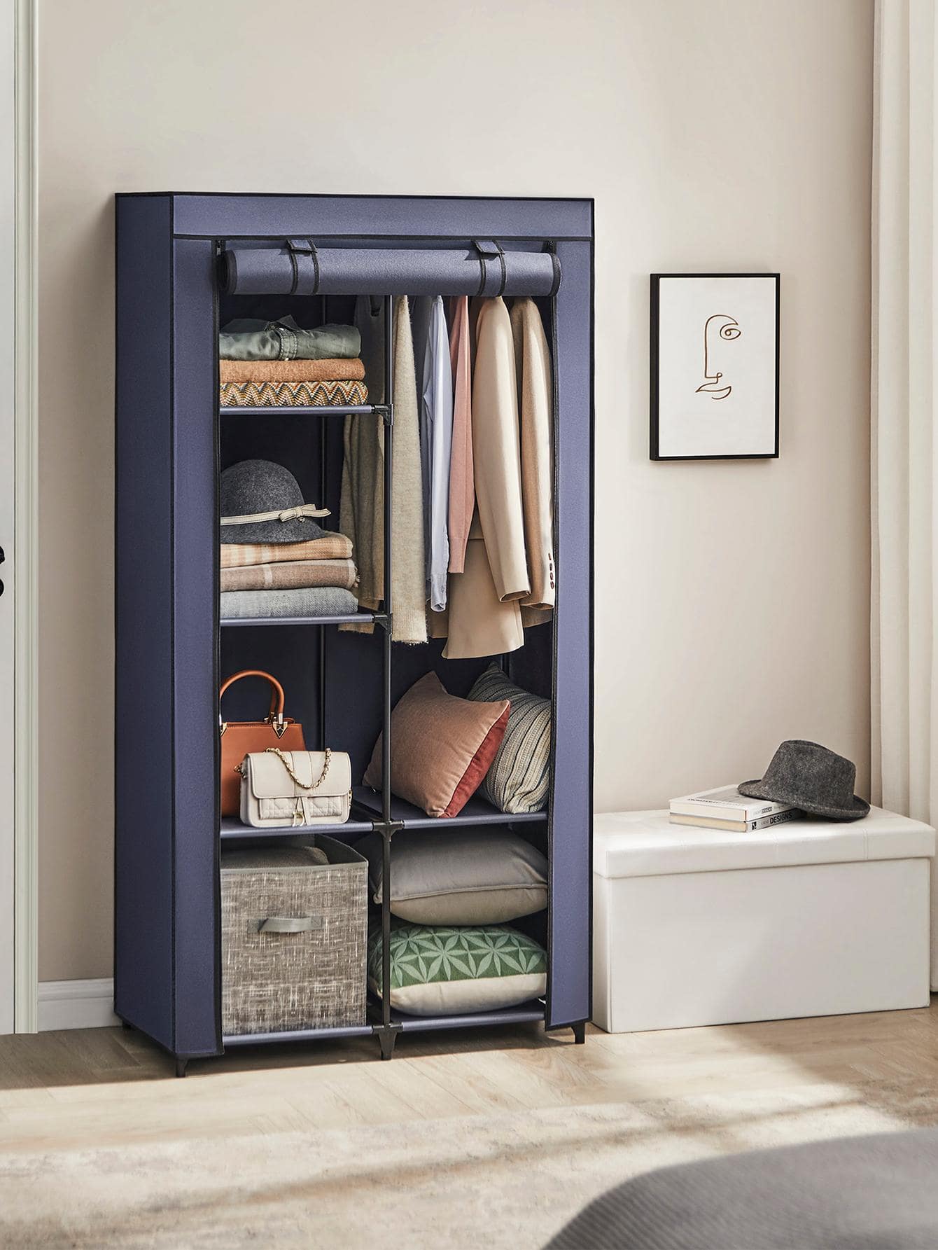 SONGMICS Portable Closet, Clothes Storage Organizer With 6 Shelves, 1 Clothes Hanging Rail, Non-Woven Fabric Closet, Metal Frame, 34.6 X 17.7 X 66.1 Inches - 藏蓝色 - 查看 1