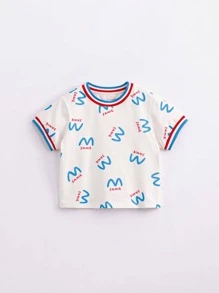 Toddler Girls Letter Graphic Striped Trim Tee - Apricot - View 1