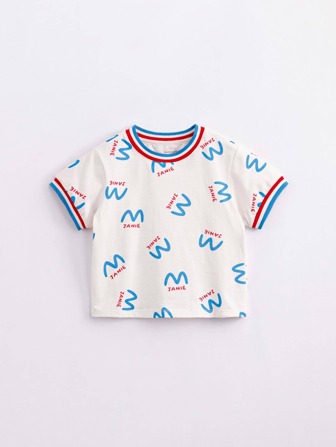 小女童字母圖案條紋飾邊T恤