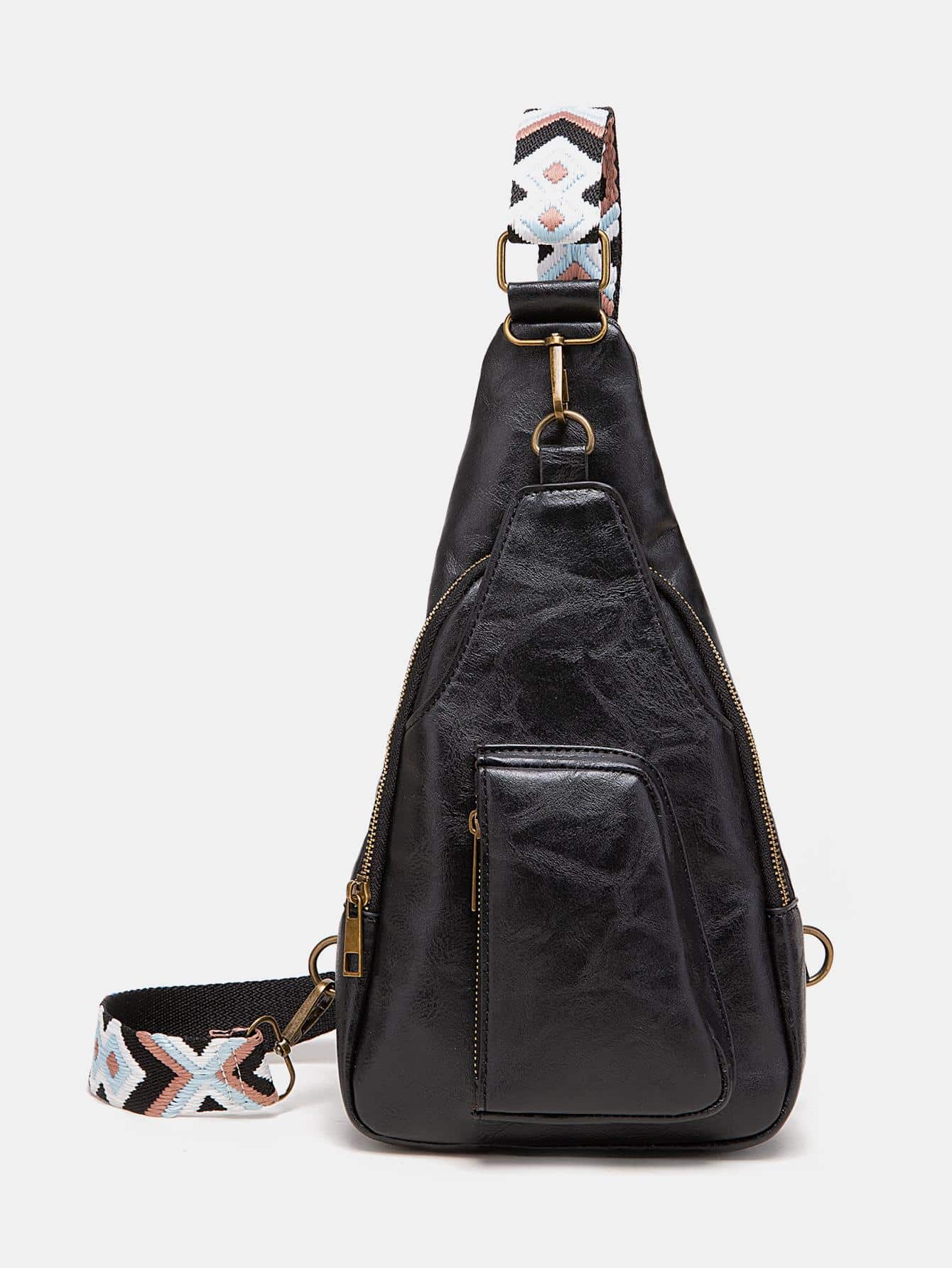 復古風格單肩包、幾何肩帶斜挎包、女士PU胸包 - 黑色 - 查看 1