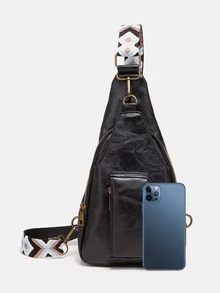 復古風格單肩包、幾何肩帶斜挎包、女士PU胸包 - 黑色 - 查看 10