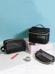 QYeah 3pcs Portable Mesh Cosmetic Bag - Black - View 1
