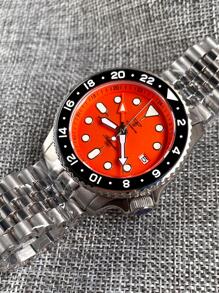 Tandorio One Piece Mechanical Watch For Men, Polished Stainless Steel Case & Strap, Water Resistant & Swimable, Sapphire Mirror, NH34A Mechanical Movement With GMT Function, Orange Dial And Super Luminous - Orange - View 5