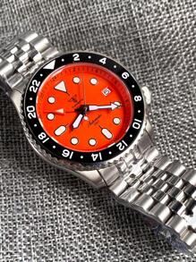 Tandorio One Piece Mechanical Watch For Men, Polished Stainless Steel Case & Strap, Water Resistant & Swimable, Sapphire Mirror, NH34A Mechanical Movement With GMT Function, Orange Dial And Super Luminous - Orange - View 4