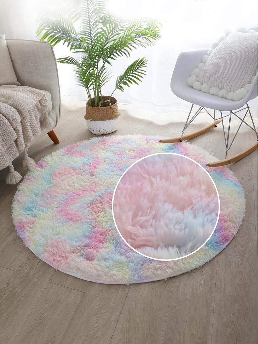 1入組1.4英寸圓形毛茸茸地毯，彩虹漸變風格扎染長毛圓形地毯，採用100％聚酯纖維PV毛絨海綿中層，適用於客廳防滑裝飾地毯，室內裝飾 - 彩色 - 查看 1