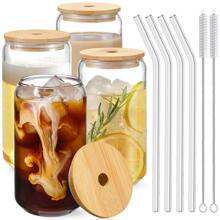 4pcs Set Drinking Glasses With Bamboo Lids And Glass Straw,16oz Can Shape Glass Cups, Beer Glasses, Iced Coffee Glasses, Cute Tumbler Cup, Ideal For Cocktail, Whiskey, Gift - 2 Cleaning Brushes