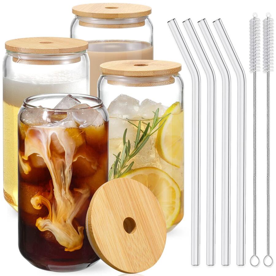 4pcs Set Drinking Glasses With Bamboo Lids And Glass Straw,16oz Can Shape Glass Cups, Beer Glasses, Iced Coffee Glasses, Cute Tumbler Cup, Ideal For Cocktail, Whiskey, Gift - 2 Cleaning Brushes