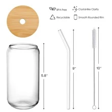 4pcs Set Drinking Glasses With Bamboo Lids And Glass Straw,16oz Can Shape Glass Cups, Beer Glasses, Iced Coffee Glasses, Cute Tumbler Cup, Ideal For Cocktail, Whiskey, Gift - 2 Cleaning Brushes