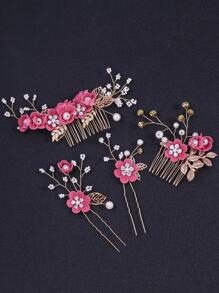 4入组/套韓語風格新娘髮飾森林主題織物花卉金色髮夾梳子適合婚禮洋裝