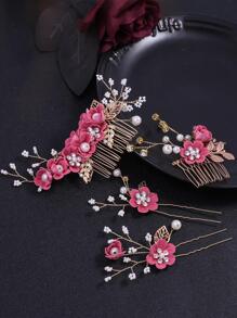4入组/套韓語風格新娘髮飾森林主題織物花卉金色髮夾梳子適合婚禮洋裝