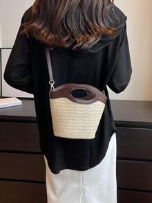 極簡風格小草編包撞色雙把手 - 棕色 - 查看 1