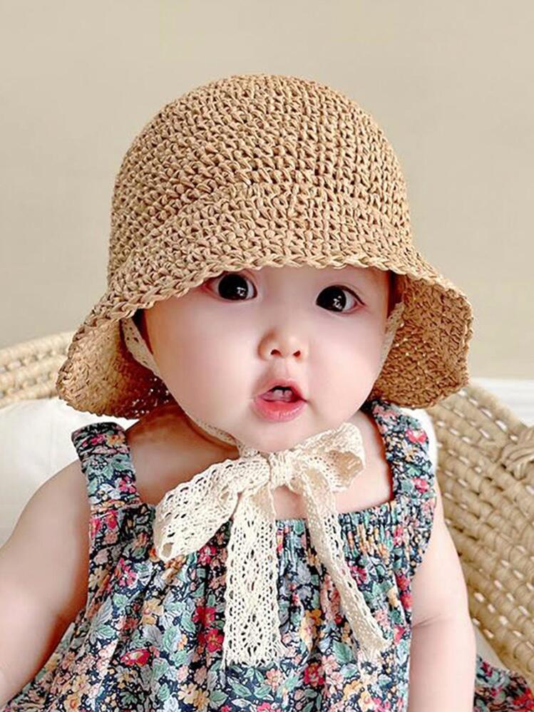1 stuk unisex baby- en peuterhoed, rand met gebreide kanten strikversiering, ademende zonnehoed, geschikt voor kinderen van 1-6 jaar, casual kleding voor de lente, zomer en herfst. - Kaki - Bekijken 4