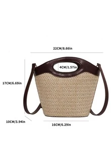 極簡風格小草編包撞色雙把手 - 棕色 - 查看 6