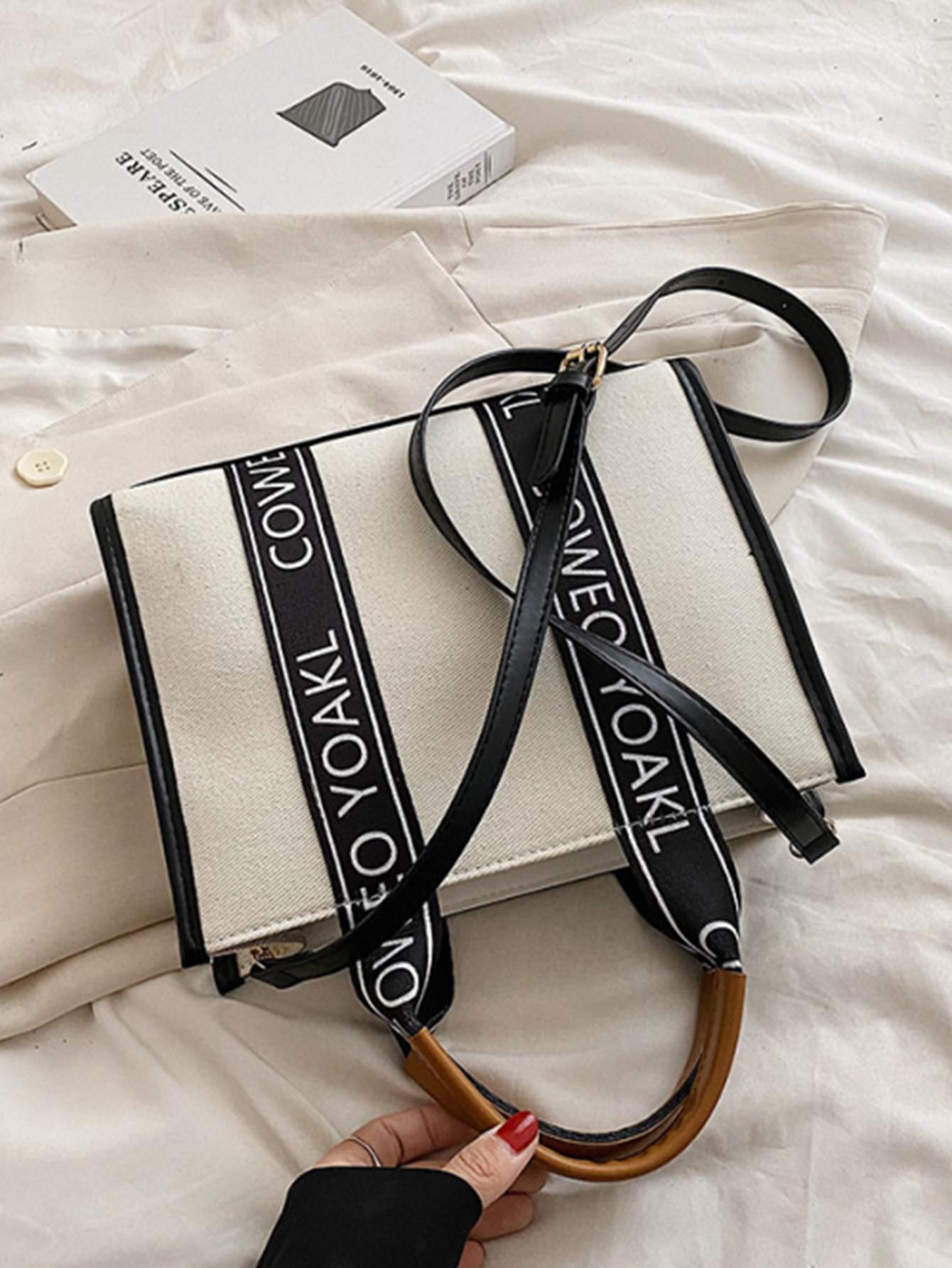 حقيبة أسود و أبيض الموضة ربط دنيم مع مطرز بحروف تص...