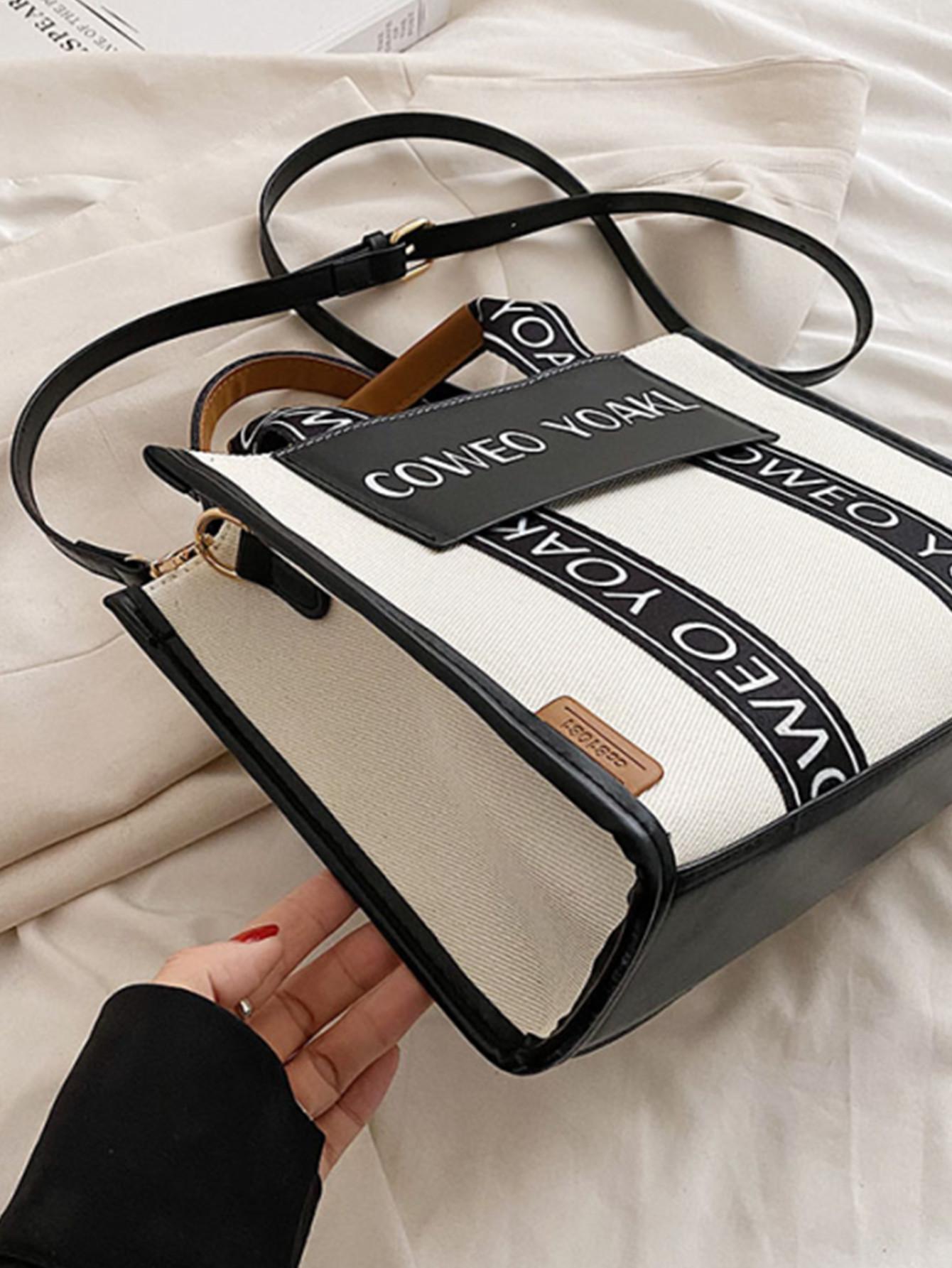 حقيبة أسود و أبيض الموضة ربط دنيم مع مطرز بحروف تص...