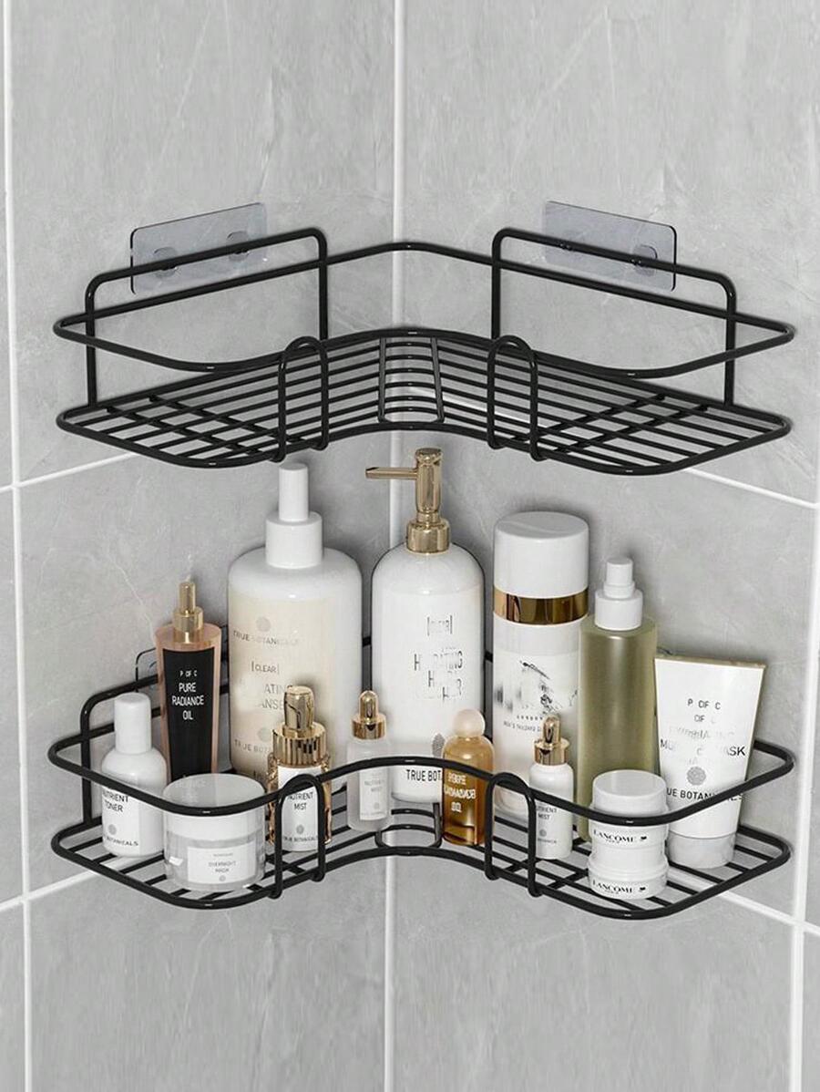 1 pieza Estantería de baño, Cesta de ducha, Estante de almacenamiento triangular para baño y cocina, sin necesidad de taladrar - Negro - Ver 1