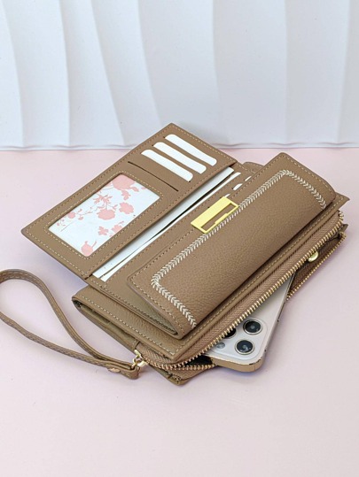 MINGYOU محفظة نسائية أنيقة رفيعة محمولة من جلد البولي يوريثان المنقوش بنقشة اللتشي باللون الخاكي ، مناسبة للموظفات ، الطالبات الجامعيات وأنشطة العمل والتنقل اليومي ، هدية مناسبة لأعياد الميلاد وعيد الحب والمناسبات