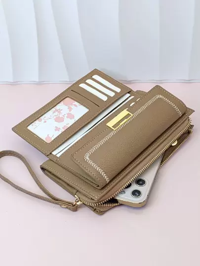 MINGYOU 荔枝压纹 PU 卡其色优雅纤薄便携现金白领女性大学工作商务通勤办公室周年纪念生日礼物情人节礼物女士钱包钱包长款钱包腕带钱包