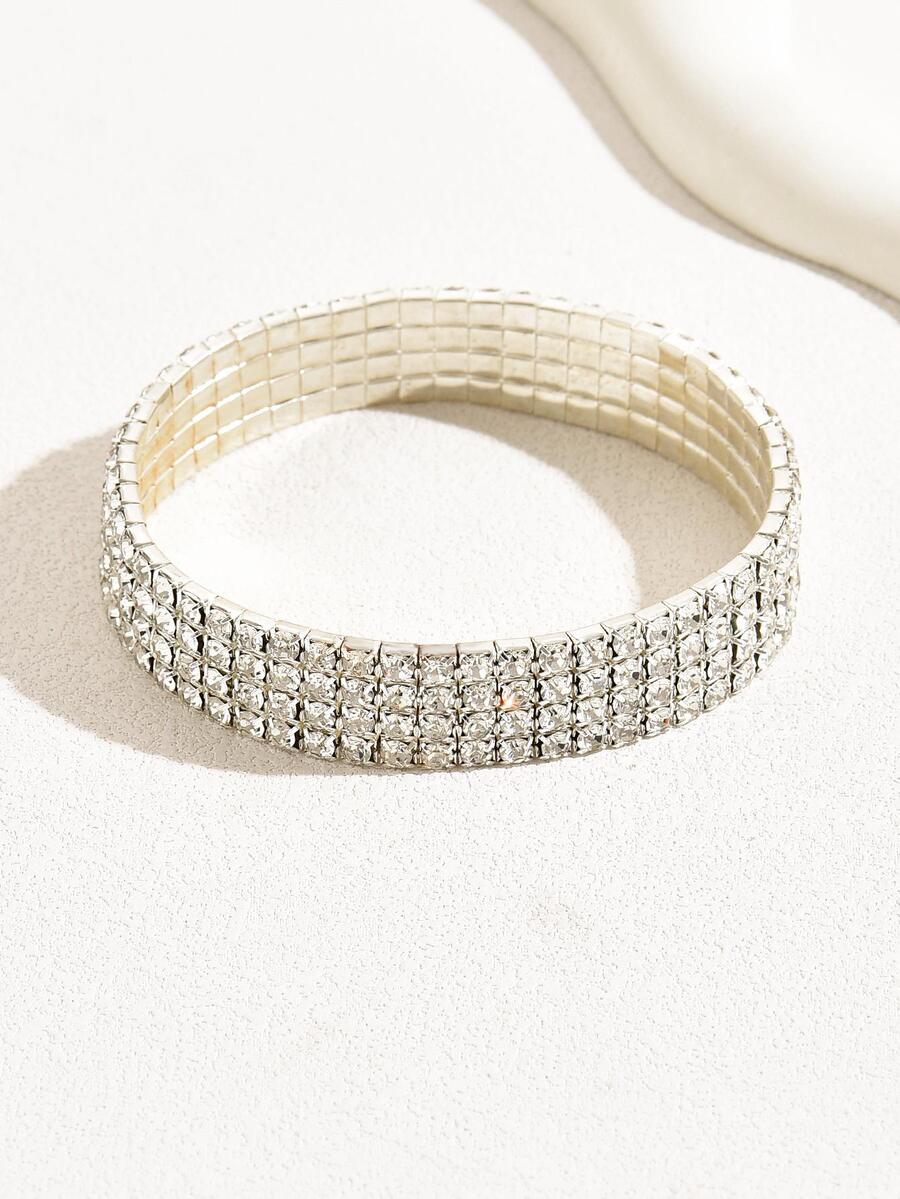 1 Pieza Elegante & Sencillo & Lujoso Tobillera Elástica Con Diamantes De Imitación Brillantes - Plateado - Ver 1