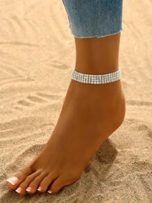 1 Pieza Elegante & Sencillo & Lujoso Tobillera Elástica Con Diamantes De Imitación Brillantes - Plateado - Ver 3