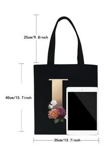 时尚金色字母印花休闲单肩包购物帆布可折叠购物袋手提包大容量旅行杂货袋 - 黑色 - 查看 3