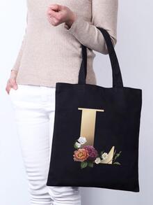 时尚金色字母印花休闲单肩包购物帆布可折叠购物袋手提包大容量旅行杂货袋 - 黑色 - 查看 2