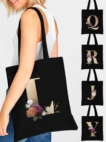 时尚金色字母印花休闲单肩包购物帆布可折叠购物袋手提包大容量旅行杂货袋 - 黑色 - 查看 1