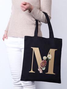 时尚金色字母印花休闲单肩包购物帆布可折叠购物袋手提包大容量旅行杂货袋 - 黑色 - 查看 2