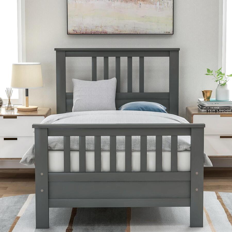 Twin Bed Frame for Boys and Girls, Wood Platform Bed with Headboard