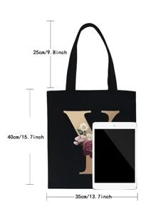 时尚金色字母印花休闲单肩包购物帆布可折叠购物袋手提包大容量旅行杂货袋 - 黑色 - 查看 3