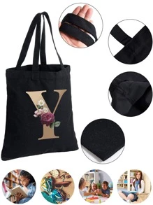 时尚金色字母印花休闲单肩包购物帆布可折叠购物袋手提包大容量旅行杂货袋 - 黑色 - 查看 5