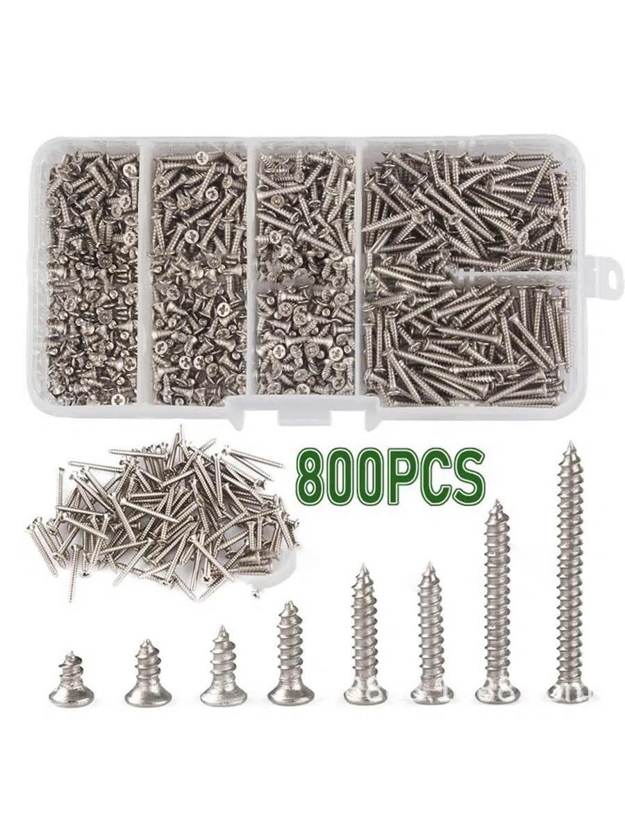 800入組M2不銹鋼自攻螺絲各種各樣成套工具拍打螺絲各種各樣成套工具鎖木線指甲螺絲套裝自鎖木線指甲螺絲套裝 - 銀色 - 查看 1