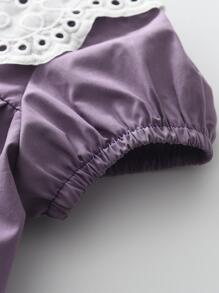 Young Girl Contrast Eyelet Embroidery Statement Collar Puff Sleeve Dress - Purple - View 5