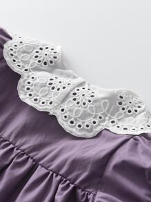 Young Girl Contrast Eyelet Embroidery Statement Collar Puff Sleeve Dress - Purple - View 4