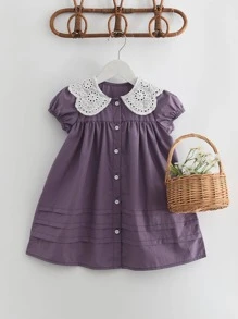 Young Girl Contrast Eyelet Embroidery Statement Collar Puff Sleeve Dress - Purple - View 1
