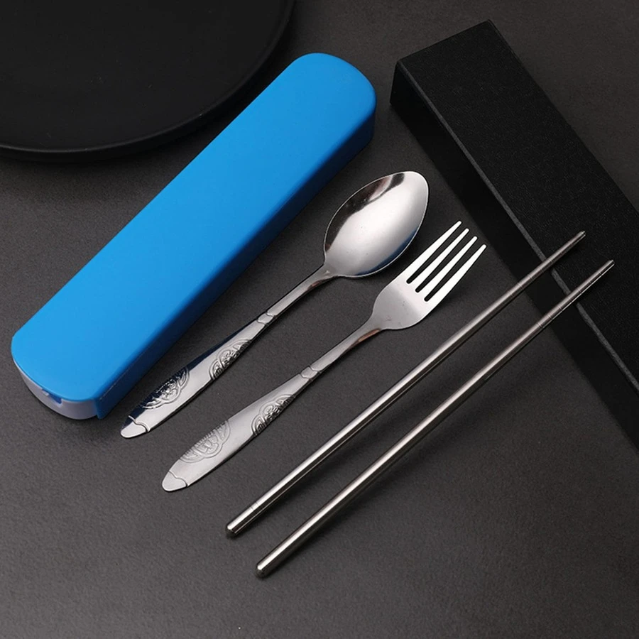 3pcs/set Stainless Steel Cutlery Set With Box, Modernist Blue Portable Cutlery Set For Kitchen - Blue - View 1